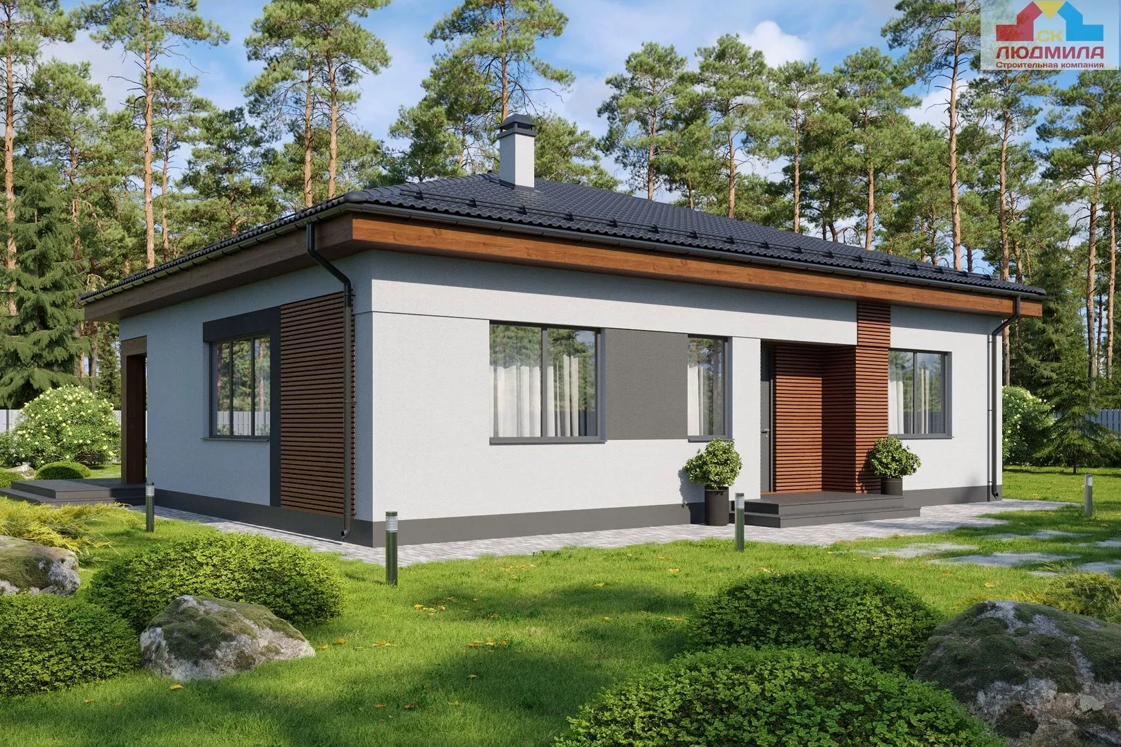 Проект одноэтажного дома из газобетона с террасой, площадью 128 кв.м.