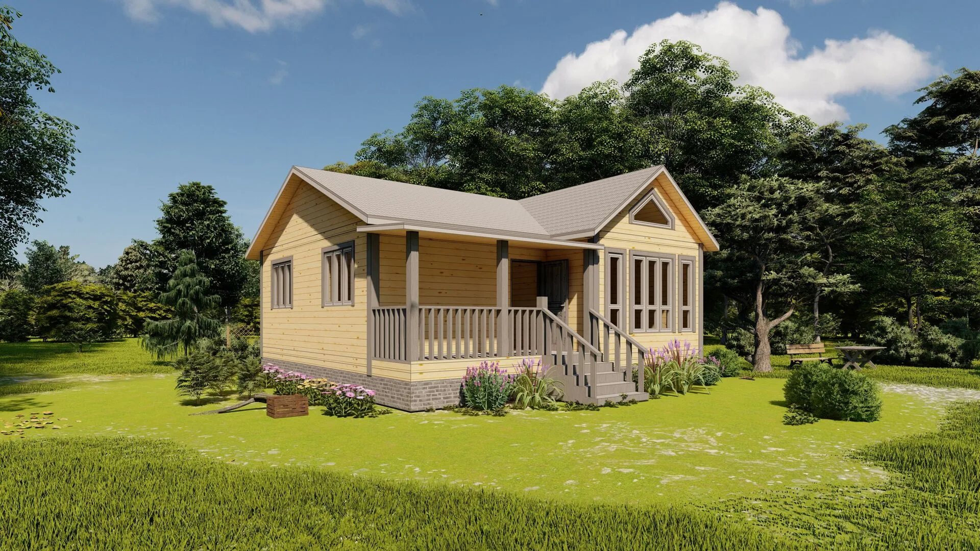 Проект одноэтажного каркасного дома с террасой, площадью 68 кв.м.