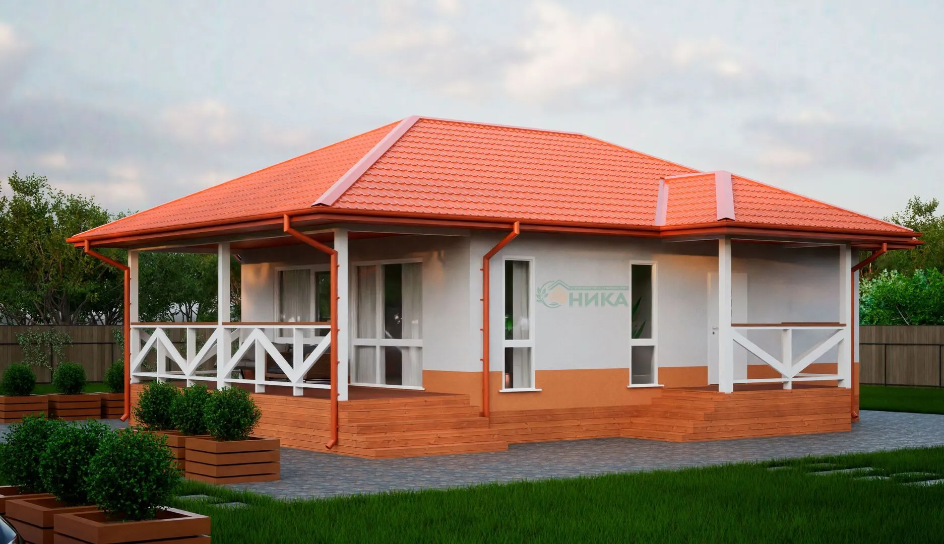 Проект одноэтажного дома из SIP-панелей с террасой, площадью 98 кв.м.