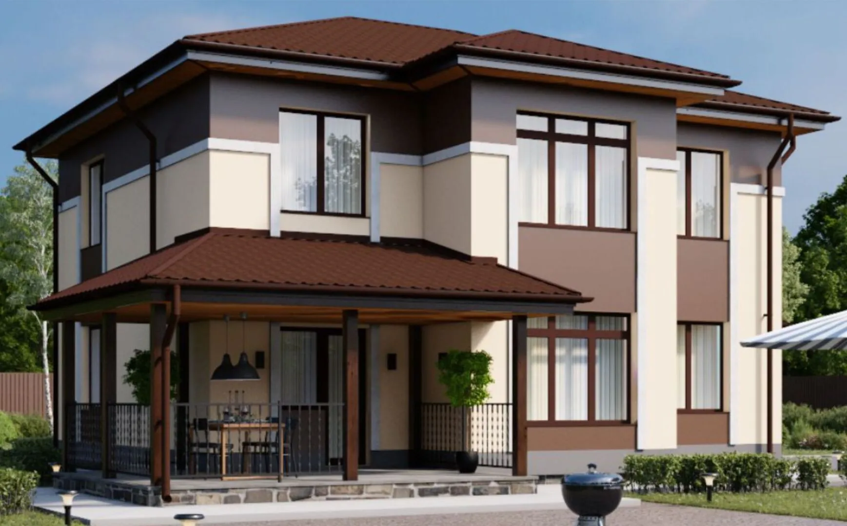 Проект двухэтажного дома из газобетона с террасой, площадью 167 кв.м.