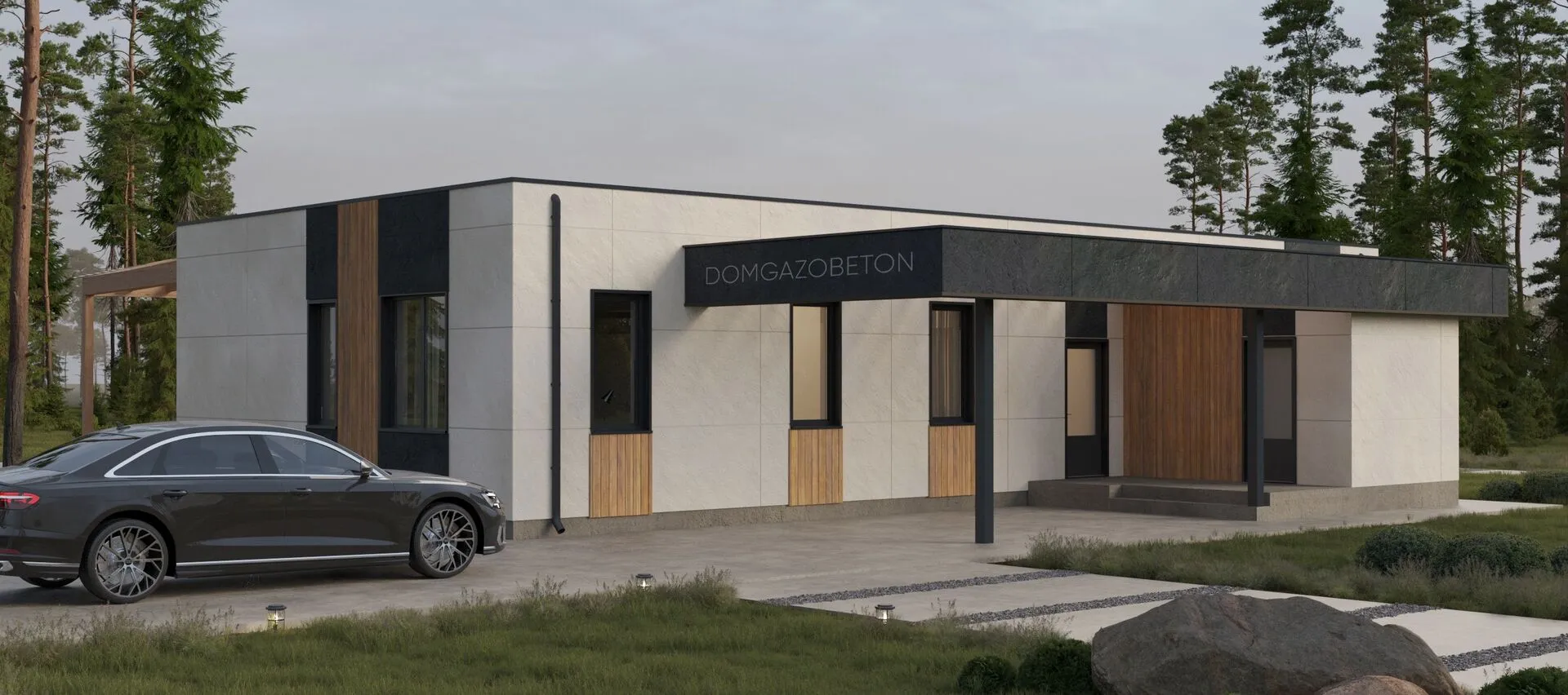 Проект одноэтажного дома из газобетона с террасой, площадью 184 кв.м.