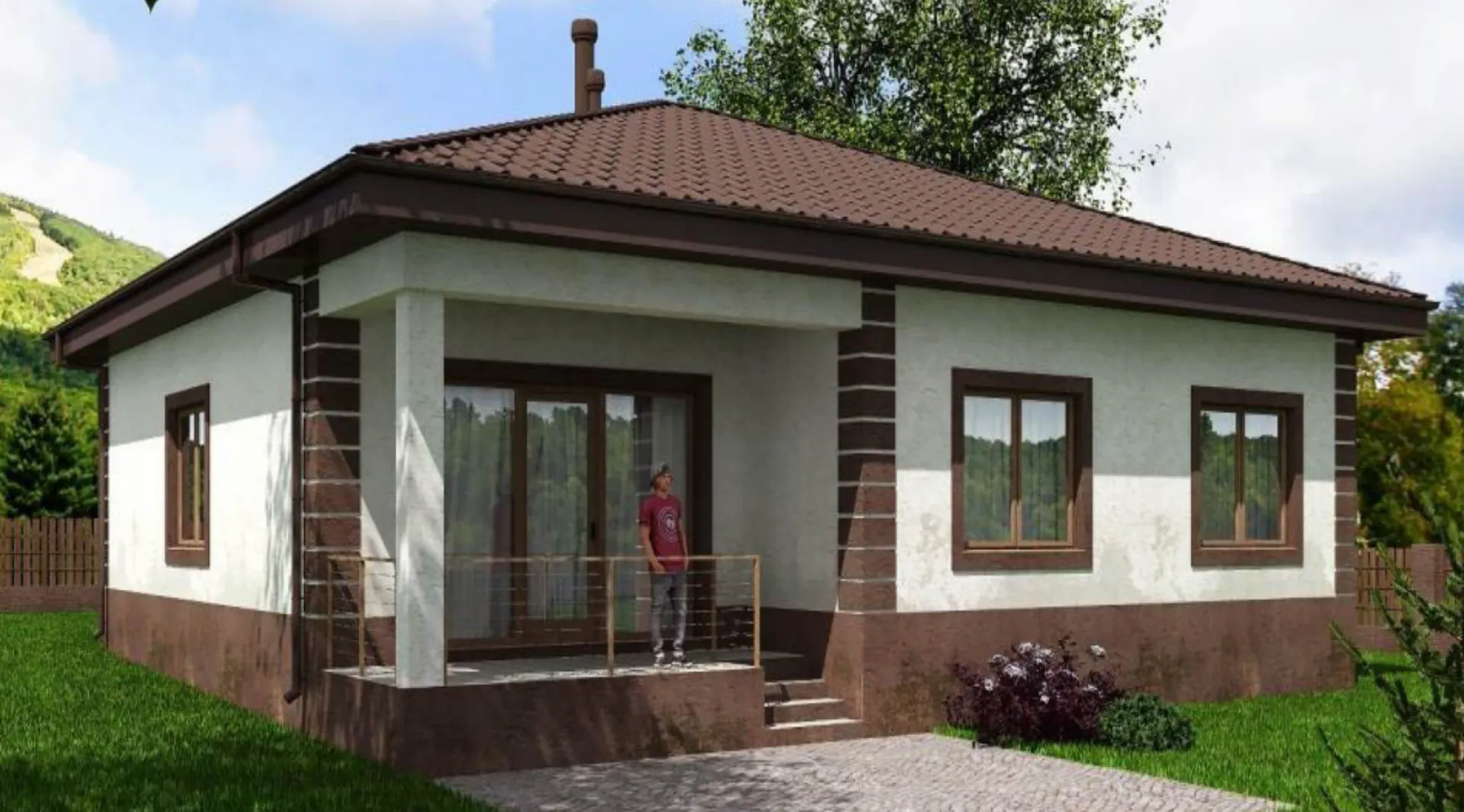 Проект одноэтажного дома из газобетона с террасой, площадью 111 кв.м.
