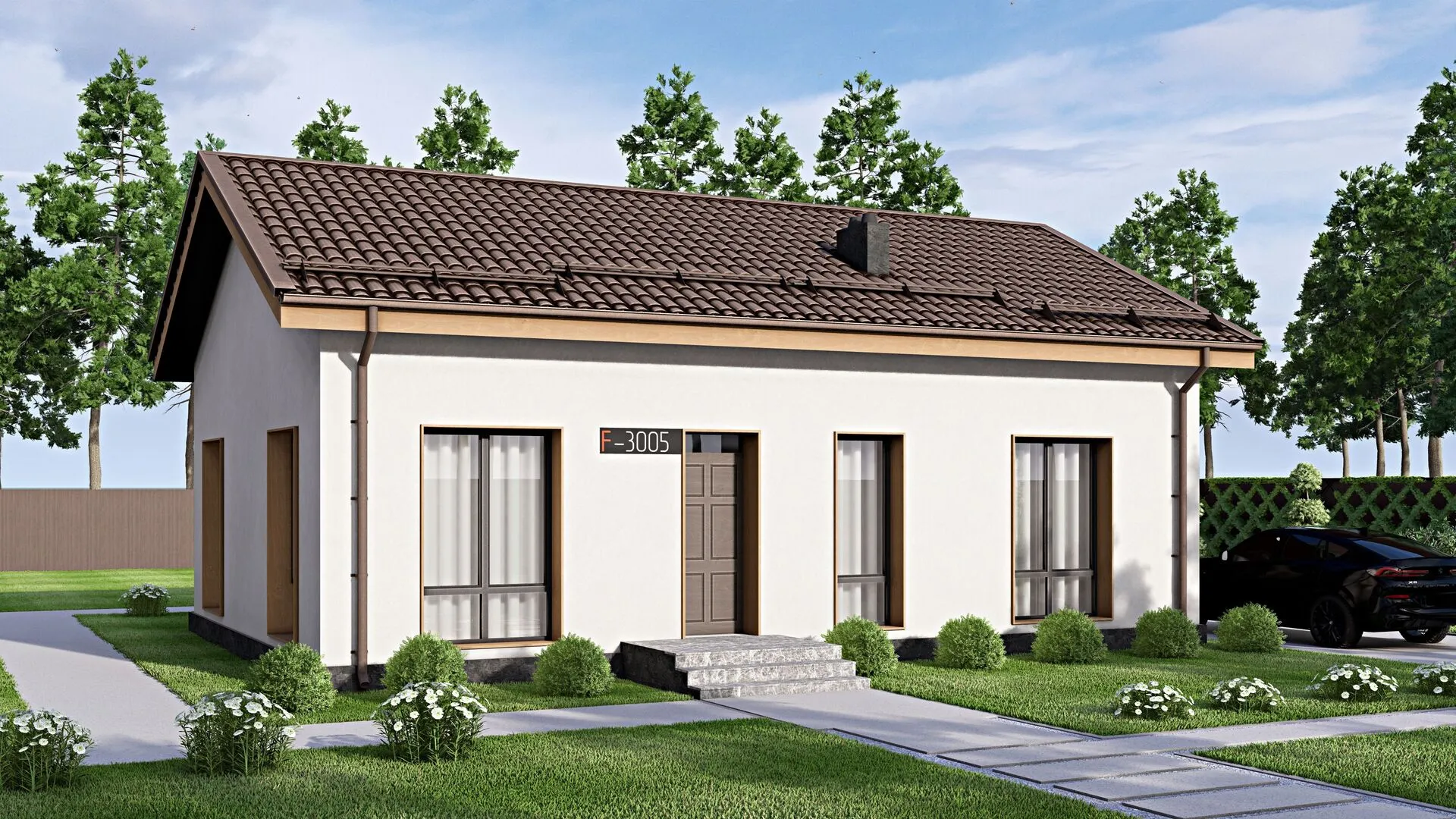 Проект одноэтажного дома из газобетона с террасой 8 х 12 метров