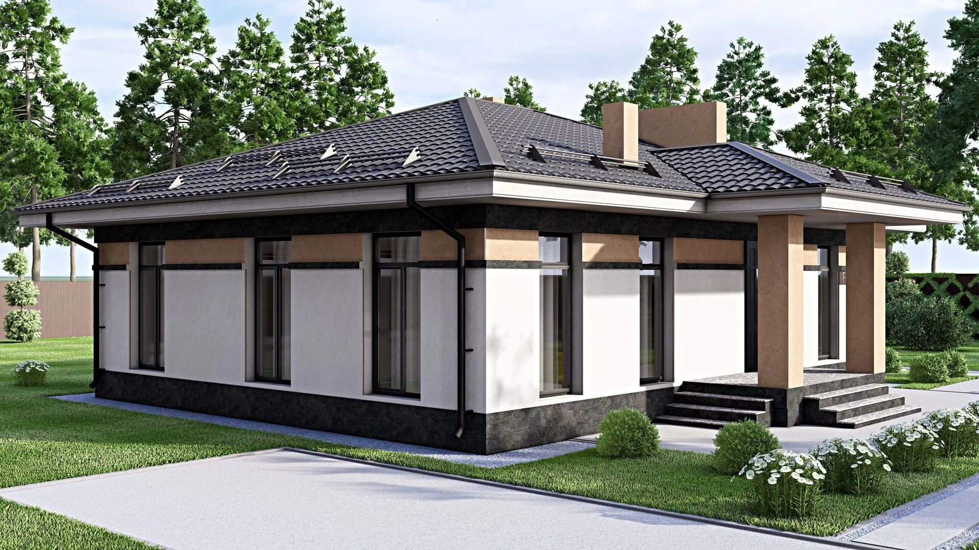 Проект одноэтажного дома из газобетона с террасой, площадью 95 кв.м.