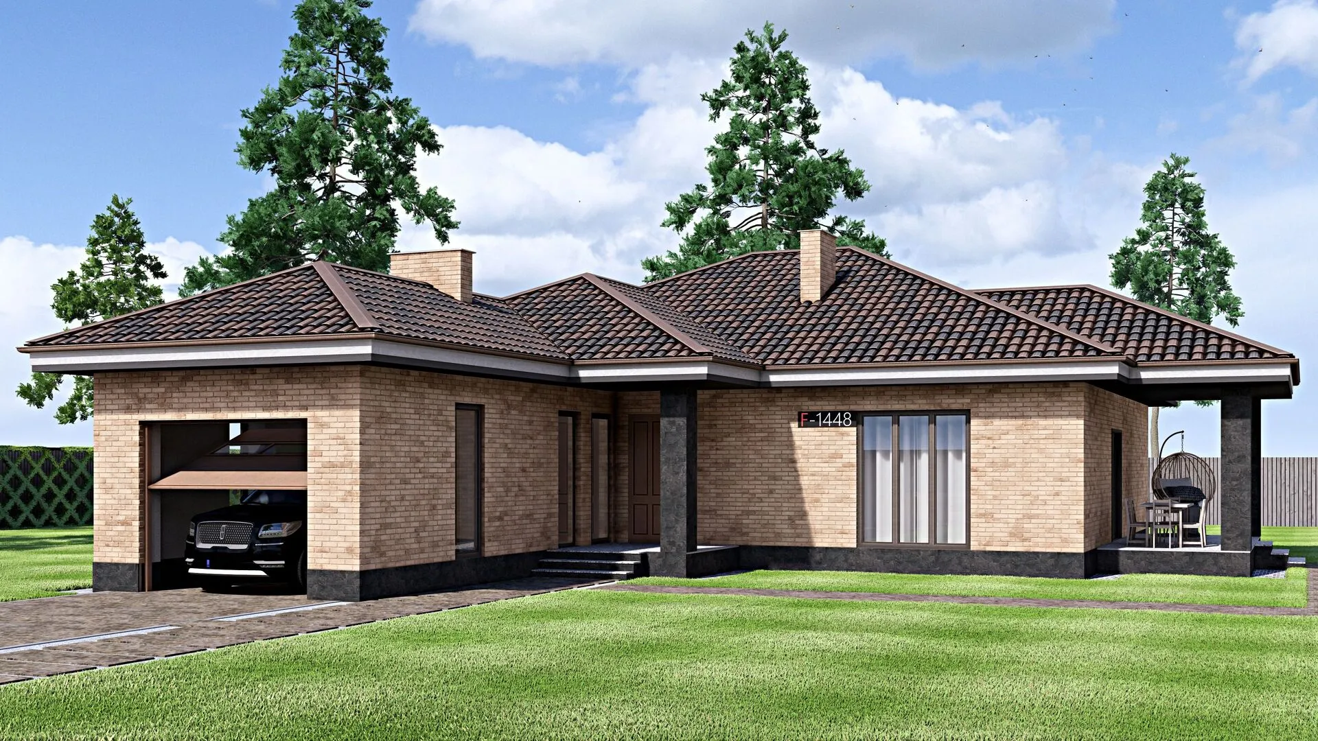 Проект одноэтажного дома из газобетона с террасой и с гаражом